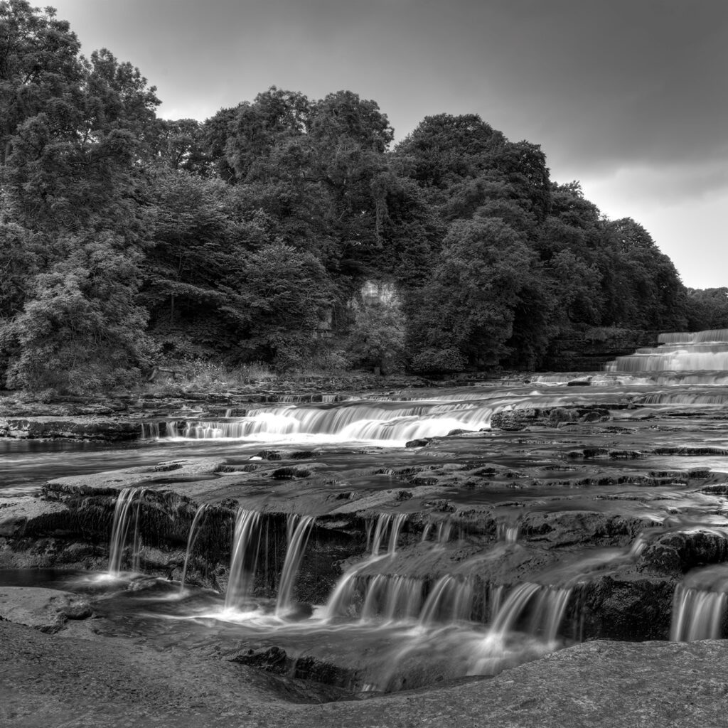 Aysgarth Lower Falls in black and white
