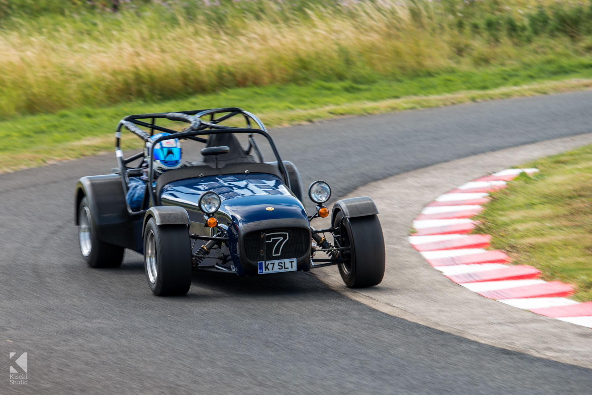 Caterham 7 Lotus cornering hard at Harewood Hillclimb