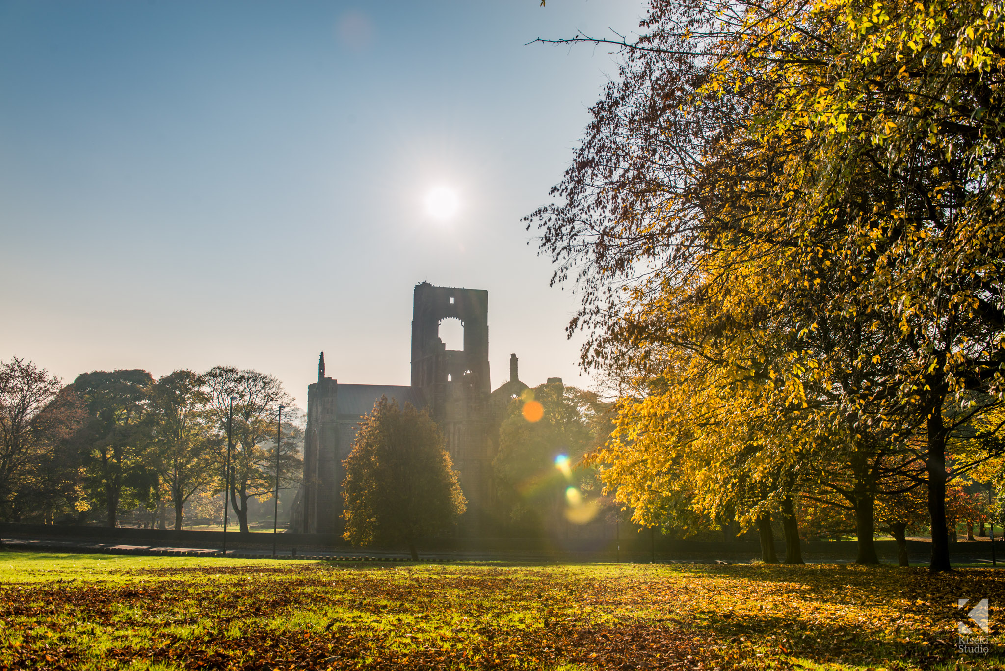 Kirkstall Abbey on a sunny autumnal day