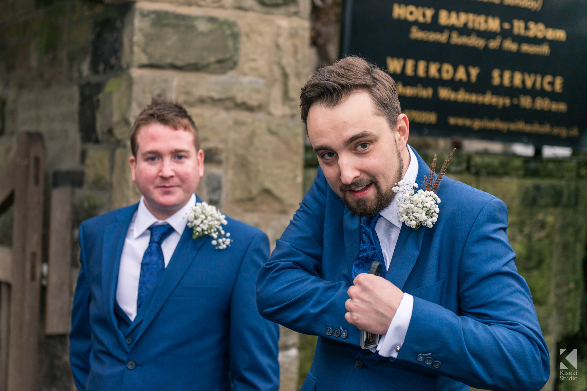 Groom reaching for his hip flask