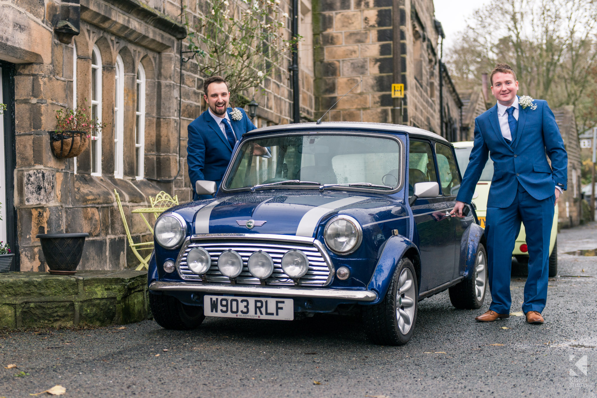 Groomsmen in the Mini Cooper classic