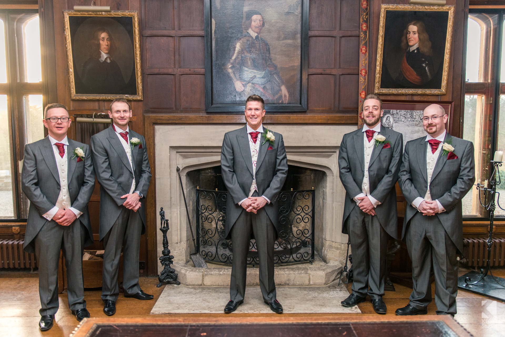 Ripley Castle Wedding - Groomsmen posing in grand room