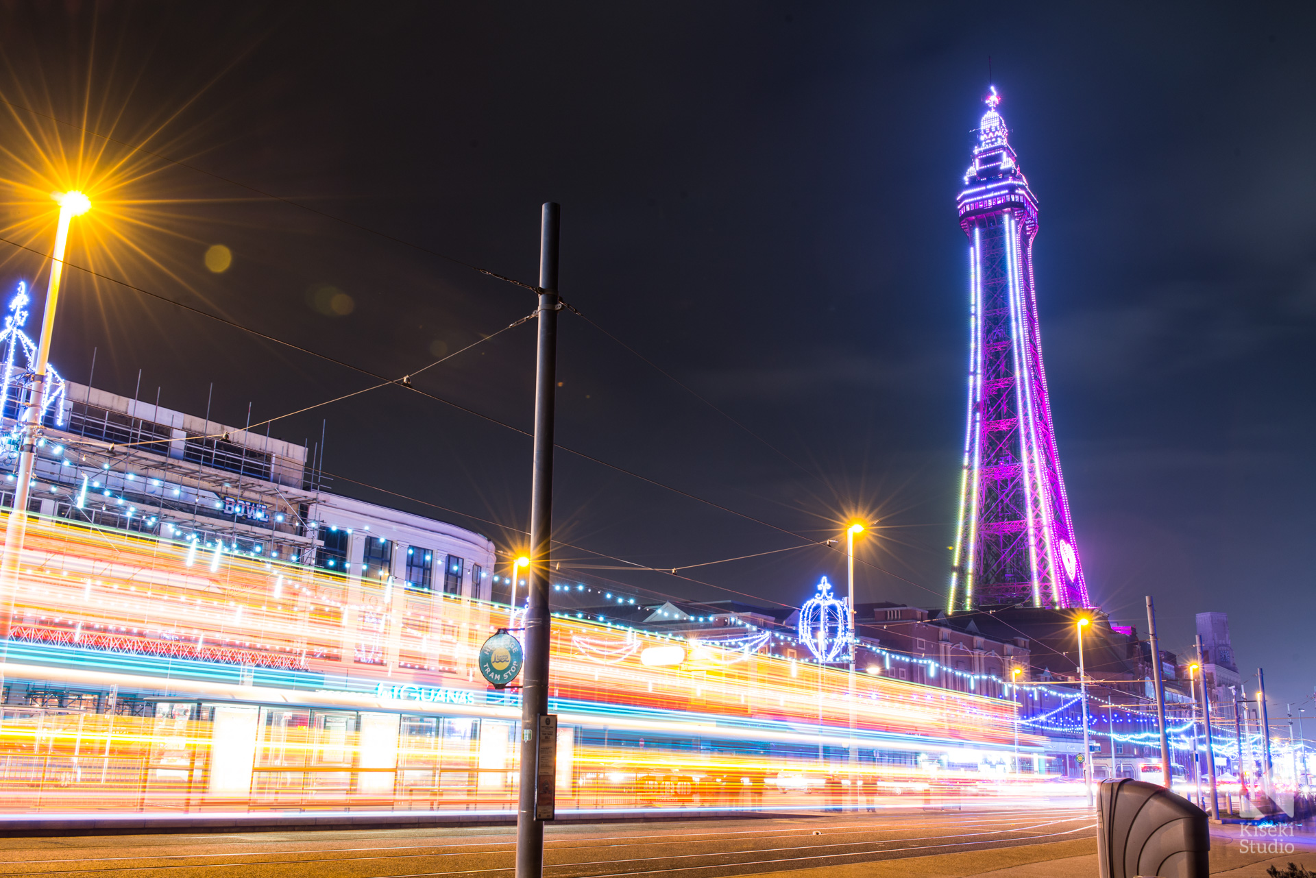 Blackpool Illuminations tram passing by the tower