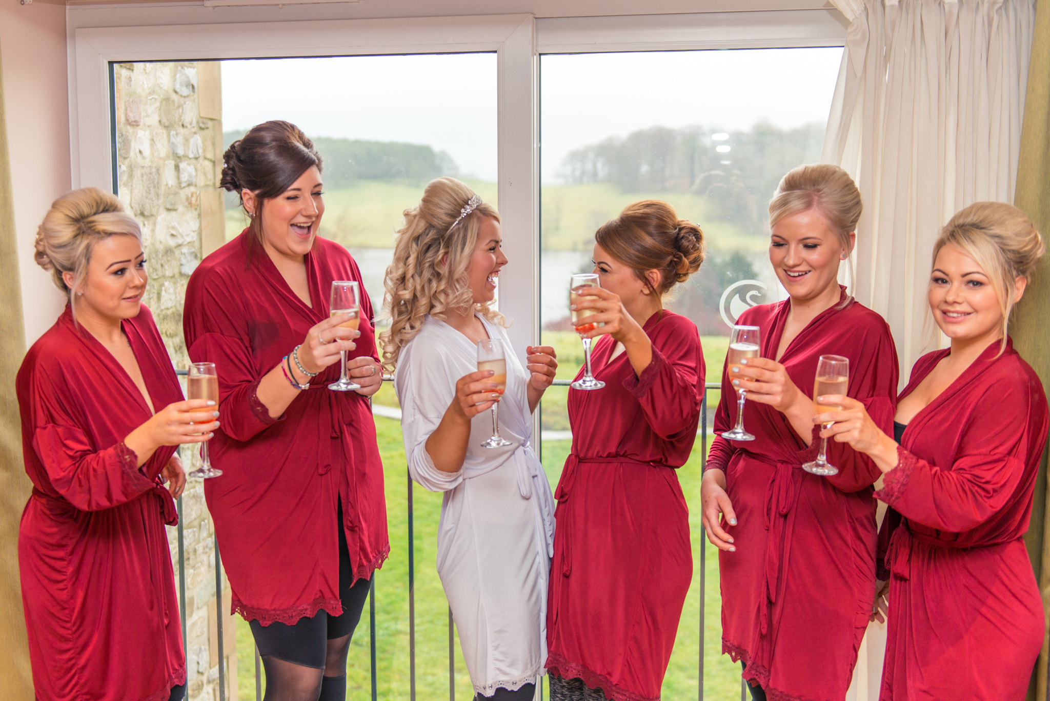 beautiful-bridesmaids-red-dresses-wedding-photography-coniston-hall-kiseki-studio